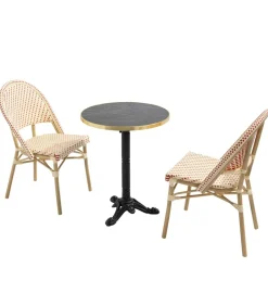 Oviala 60 cm verstelbare zwartmarmeren terrastafel en 2 rode stoelen