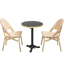 Oviala 60 cm verstelbare zwartmarmeren terrastafel en 2 rode stoelen