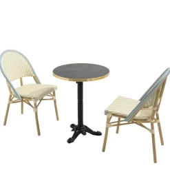 Oviala 60 cm verstelbare zwartmarmeren terrastafel en 2 blauwe stoelen