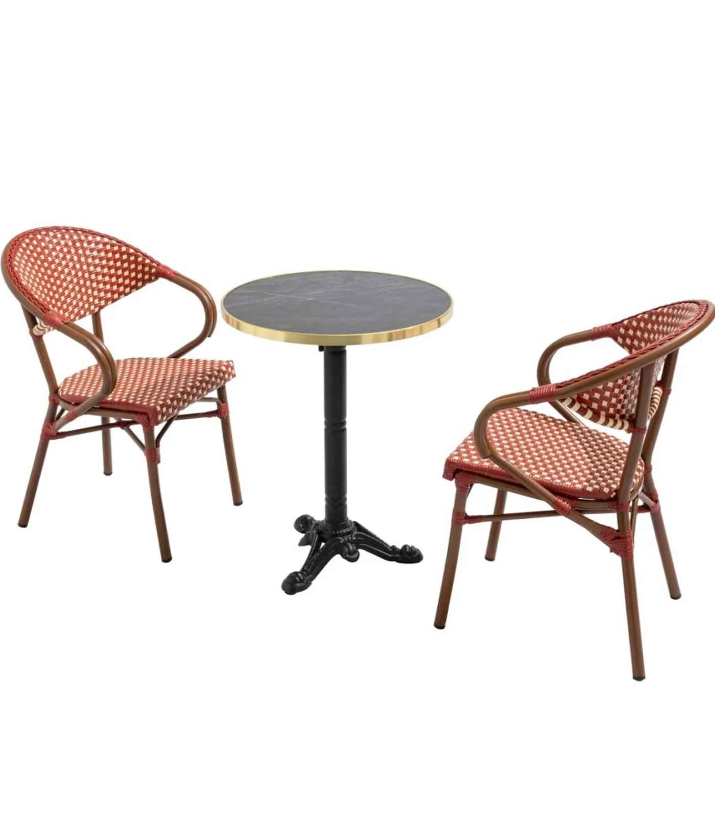 Best 60 cm verstelbare zwartmarmeren terrastafel en 2 rode stoelen Tuinmeubelen