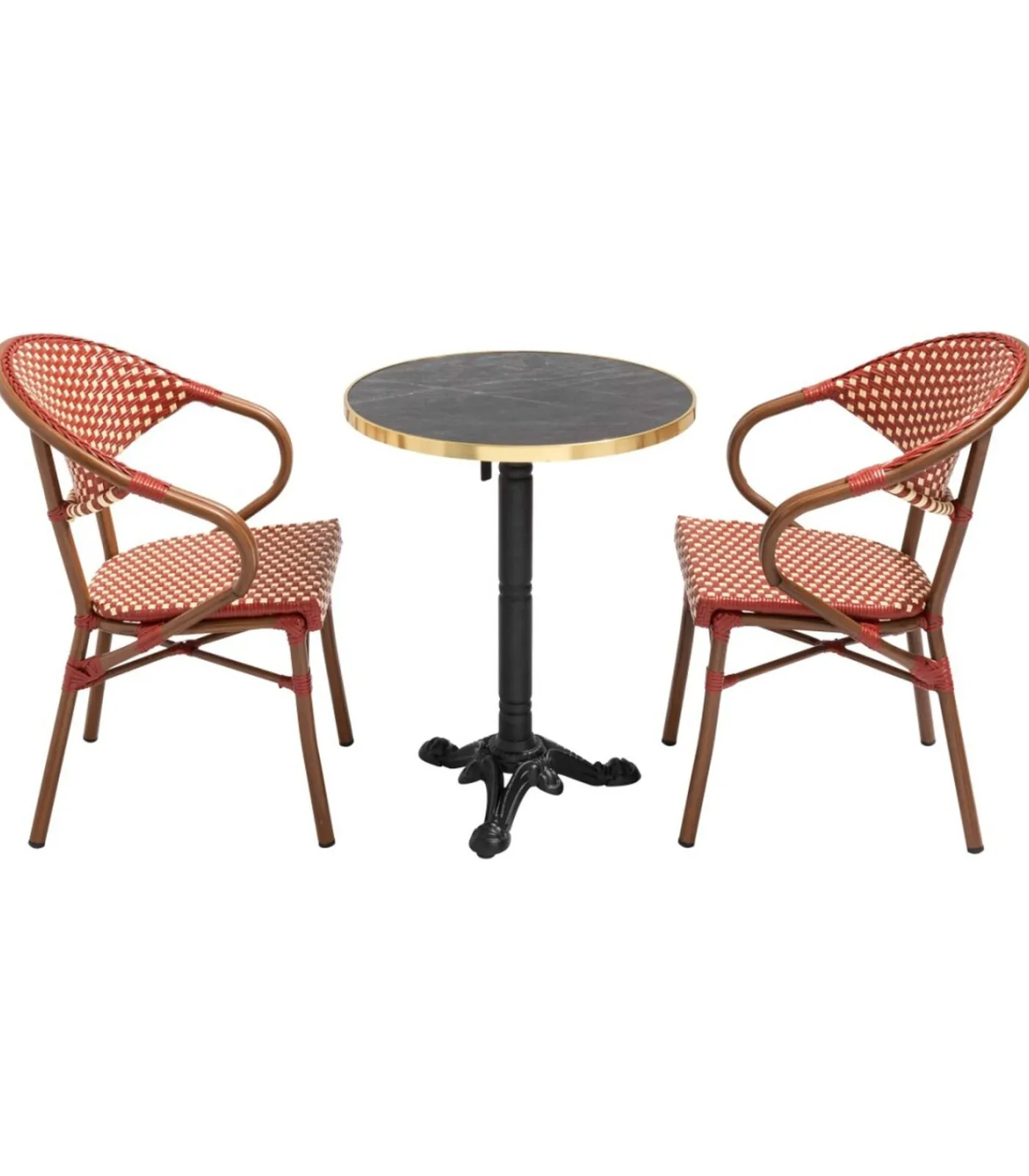 Best 60 cm verstelbare zwartmarmeren terrastafel en 2 rode stoelen Tuinmeubelen