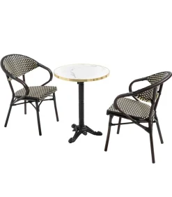 Oviala 60 cm witte marmeren verstelbare terrastafel en 2 zwarte stoelen