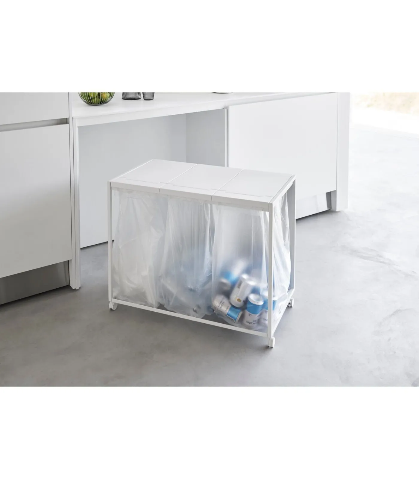 YAMAZAKI Afvalscheidingsprullenbak met wielen - 3 comp - Tower - Wit
