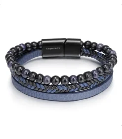 Heren TrendFox Armband Heren - Blauw Leer Met Zwarte Kralen