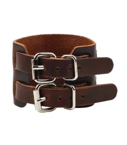 Sale Armband Heren - Breed Bruin Leder met Dubbele Gesp Heren Armbanden