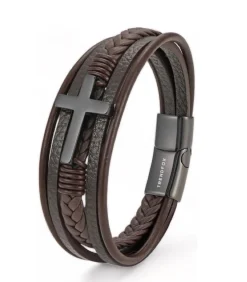 Armband Heren - Bruin Leer met Zwart Kruis - 23cm Heren Armbanden
