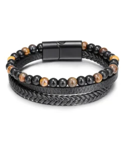 Heren TrendFox Armband Heren - Zwart Leer Met Bruine Kralen