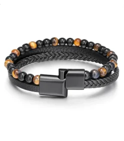 Heren TrendFox Armband Heren - Zwart Leer Met Bruine Kralen