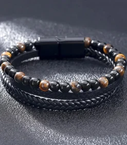 Heren TrendFox Armband Heren - Zwart Leer Met Bruine Kralen
