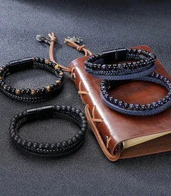 Heren TrendFox Armband Heren - Zwart Leer Met Bruine Kralen