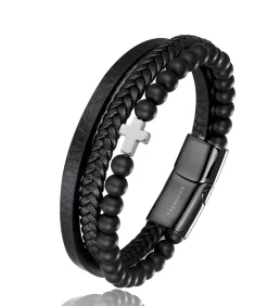 Heren TrendFox Armband Heren - Zwart Leer met Zwarte Kralen en Zilver Kleurig Kruis