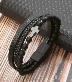 Heren TrendFox Armband Heren - Zwart Leer met Zwarte Kralen en Zilver Kleurig Kruis