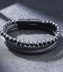 Heren TrendFox Armband Heren - Zwart Leer Met Zwarte Kralen