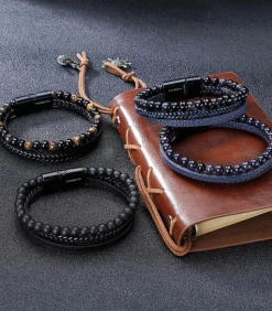 Heren TrendFox Armband Heren - Zwart Leer Met Zwarte Kralen
