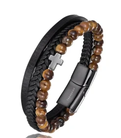 Heren TrendFox Armband Heren - Zwart Leer met Bruine Kralen en Zilver Kleurig Kruis