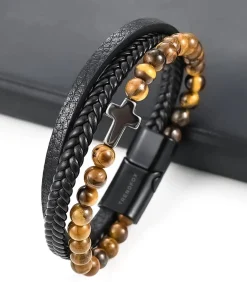 Heren TrendFox Armband Heren - Zwart Leer met Bruine Kralen en Zilver Kleurig Kruis