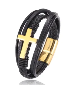 Heren TrendFox Armband Heren - Zwart Leer met Goud Kleurig Kruis - 21cm