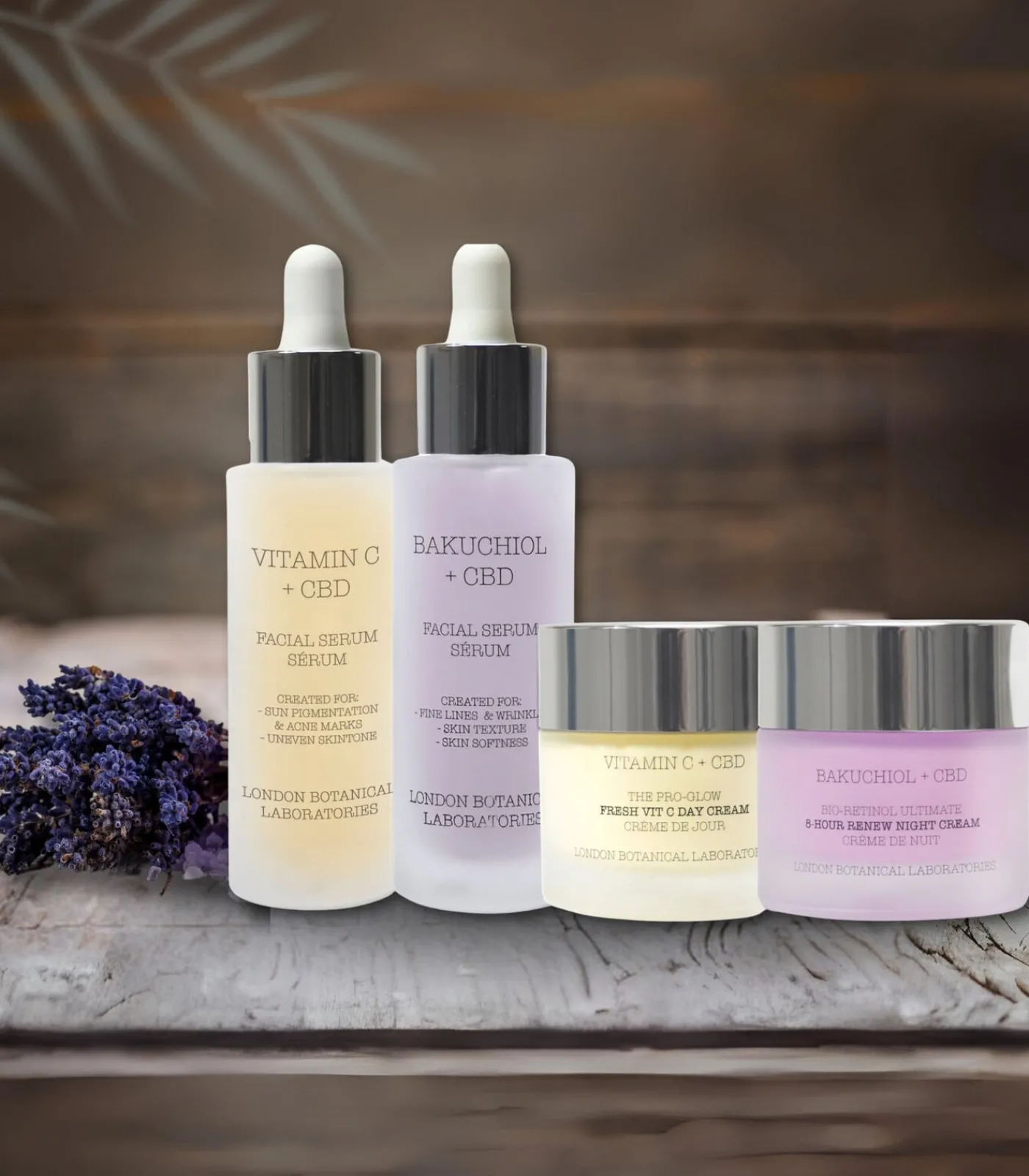 London Botanical laboratories Bakuchiol Serum+ Vitamine C Serum+Vitamine C dagcrème+ Bakuchiol Nachtcrème