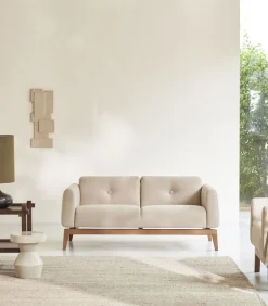 Tikamoon Bank in massief eiken en ecru stof, 2-zit