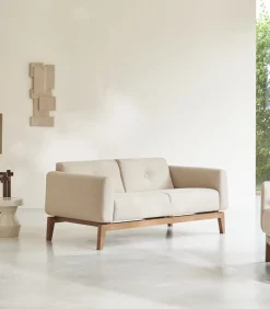 Tikamoon Bank in massief eiken en ecru stof, 2-zit