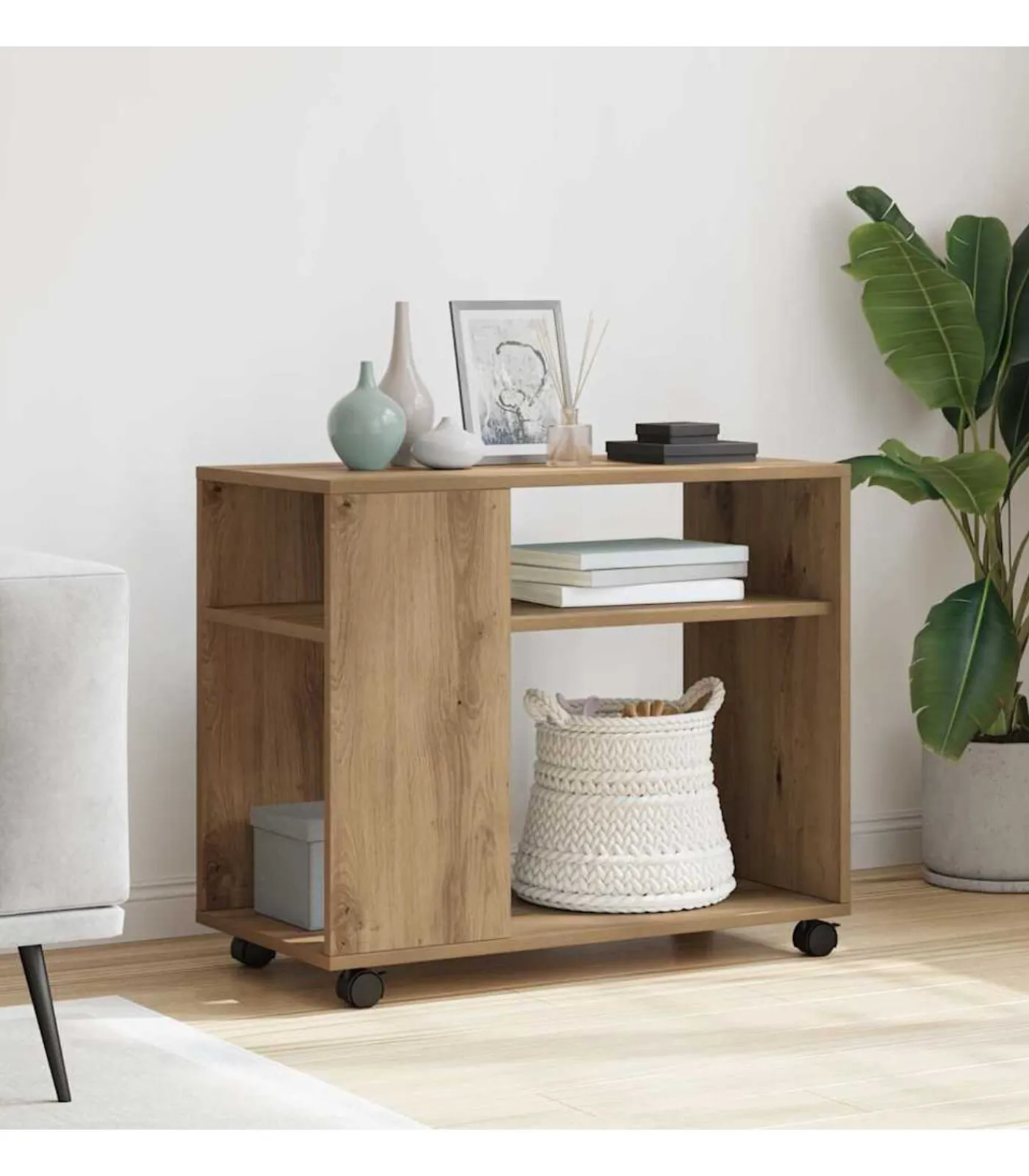 vidaXL Bijzettafel met wieltjes 70x35x60 cm hout artisanaal eikenkleur