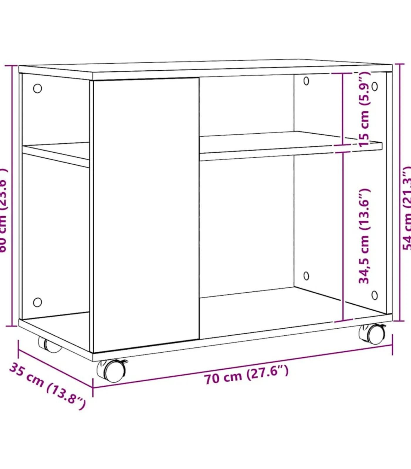 vidaXL Bijzettafel met wieltjes 70x35x60 cm hout artisanaal eikenkleur