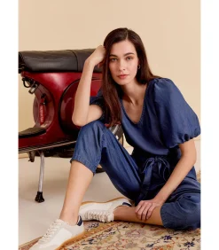 Best Blauwe jumpsuit met strik aan de taille en korte pofmouwen DAMES Jumpsuits