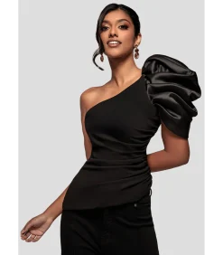 DAMES Goddiva Blouse Met Korte Mouwen “One Shoulder Puffed Satin Sleeve Asymmetric Scuba Top”