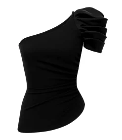 DAMES Goddiva Blouse Met Korte Mouwen “One Shoulder Puffed Satin Sleeve Asymmetric Scuba Top”