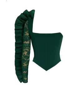 DAMES Goddiva Blouse Met Lange Mouwen “One Shoulder Fan Pleat Frill Corset Top”