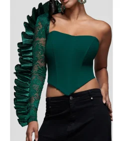 DAMES Goddiva Blouse Met Lange Mouwen “One Shoulder Fan Pleat Frill Corset Top”