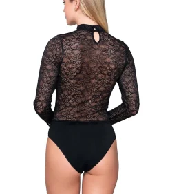 DAMES LUNA Body van kant met lange mouwen en opstaande kraag MICRO