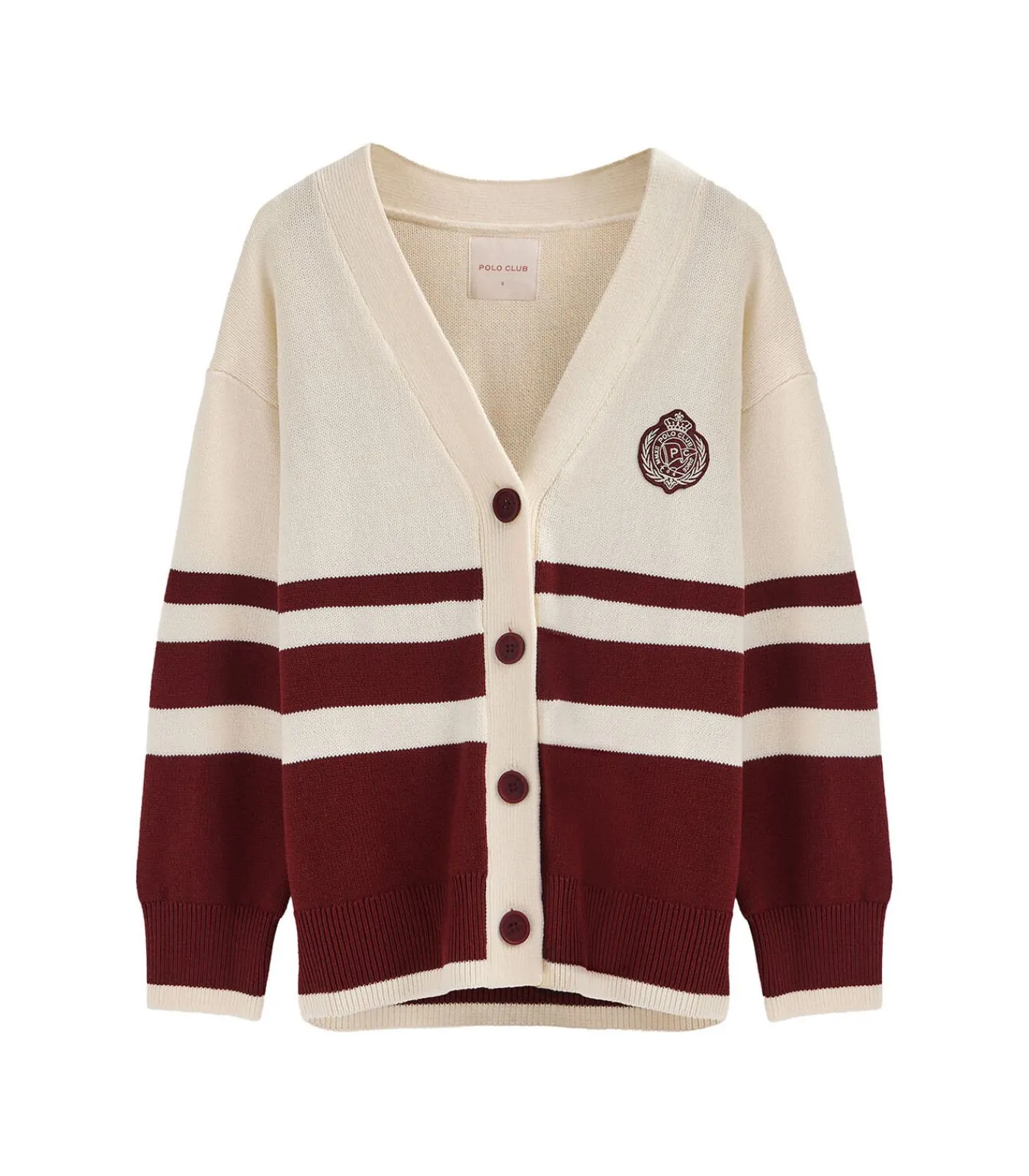 Bordeauxrode cardigan met V-hals, knopen en nautische -patch DAMES Truien & Cardigans