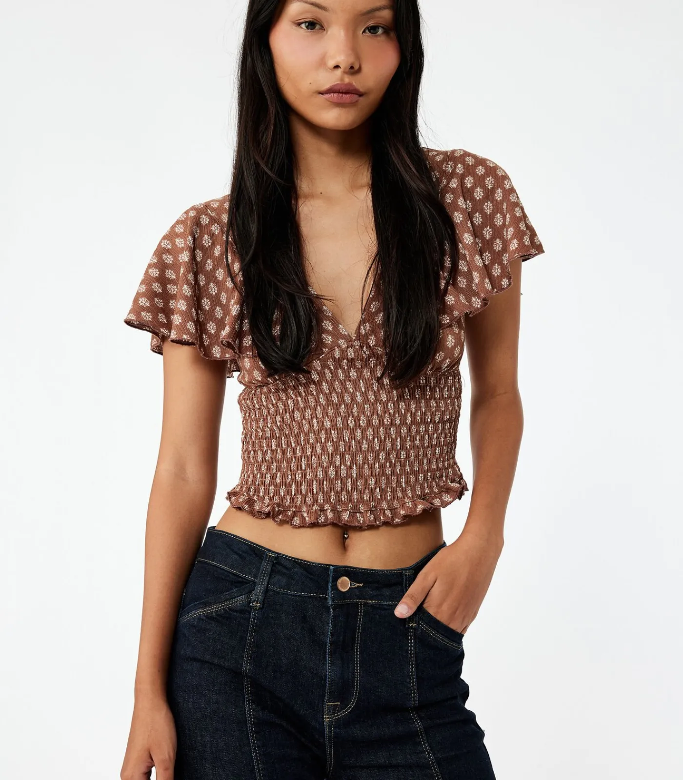 DAMES Koton Bruine Korte Top Met V-Hals En Batwing Mouwen