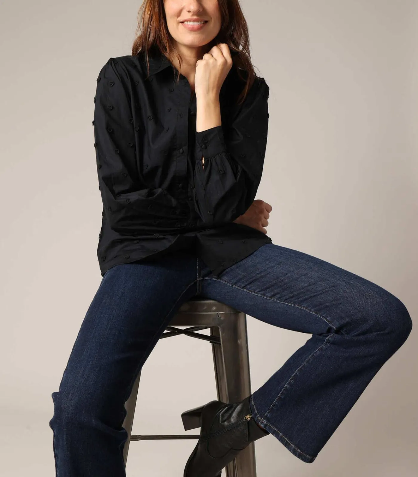 Hot CLARYNE - 100% katoenen geborduurd hartshirt, rechte snit en lange mouwen DAMES Overhemden & Blouses