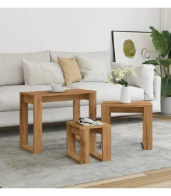 vidaXL 3-delige Bijzettafelset bewerkt hout artisanaal eikenkleur