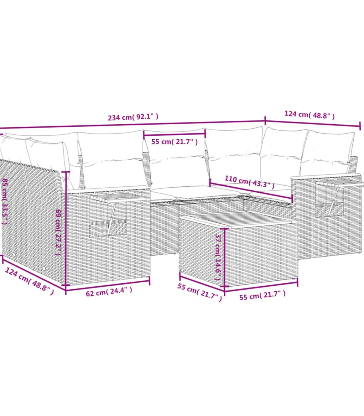 vidaXL 7-delige Loungeset met kussens poly rattan zwart