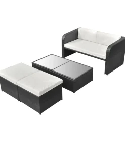 Outlet 4-delige Loungeset met kussens poly rattan zwart Tuinmeubelen
