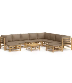 Discount 11-delige Loungeset met kussens bamboe taupe Tuinmeubelen