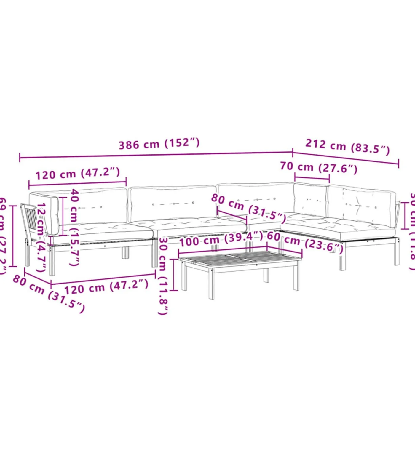 vidaXL 5-delige Loungeset pallet met kussens massief acaciahout