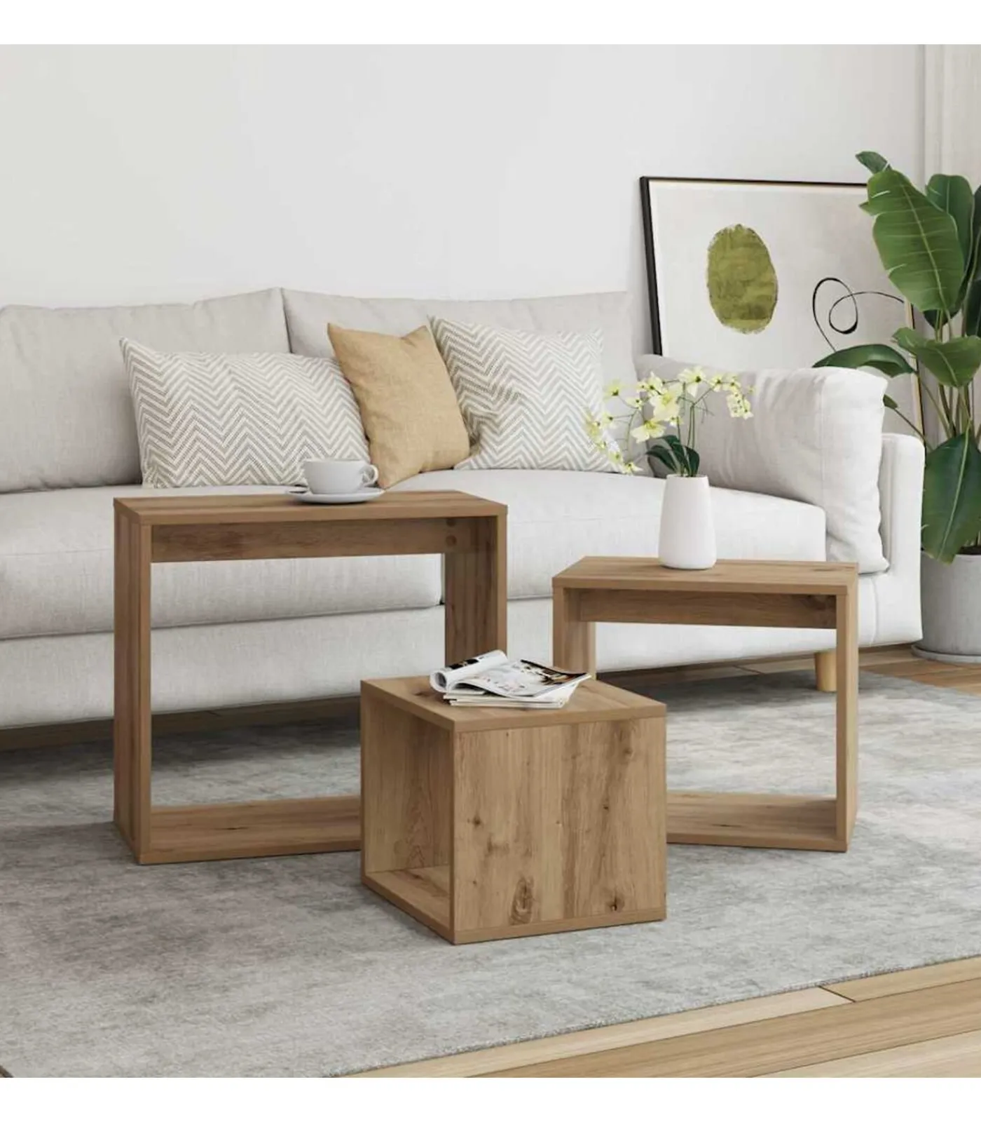 Hot 3-delige Tafeltjesset bewerkt hout artisanaal eikenkleur Tafels