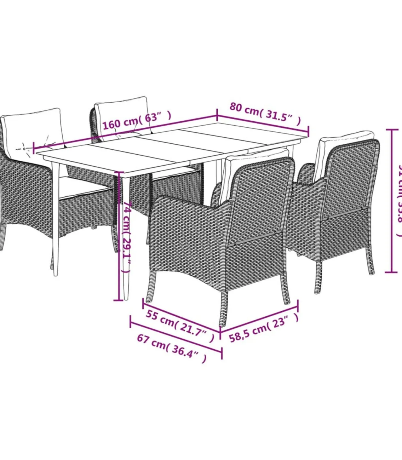 vidaXL 5-delige Tuinset met kussens poly rattan zwart