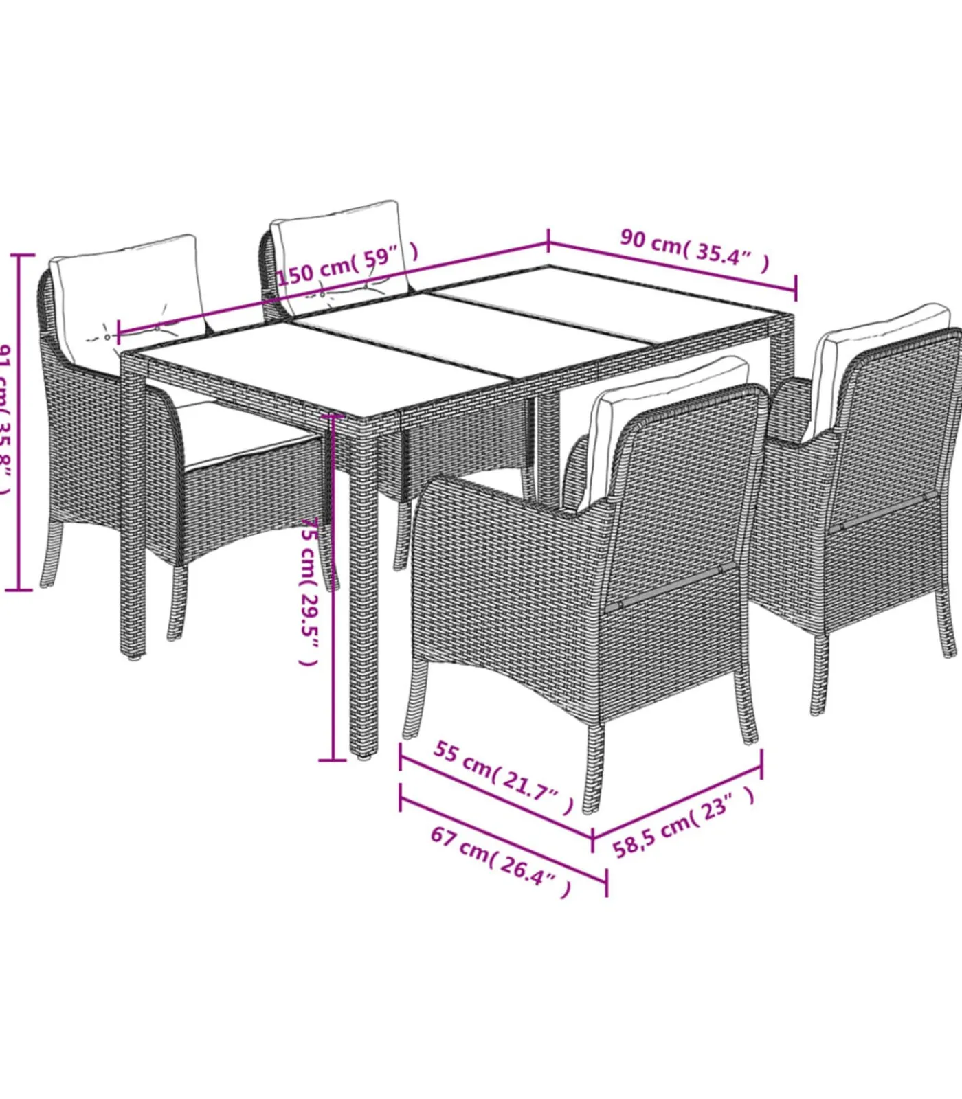 vidaXL 5-delige Tuinset met kussens poly rattan zwart