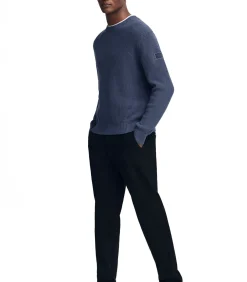 Sale Denimblauwe cardigan met Engelse ribbel en -patch Heren Truien & Cardigans