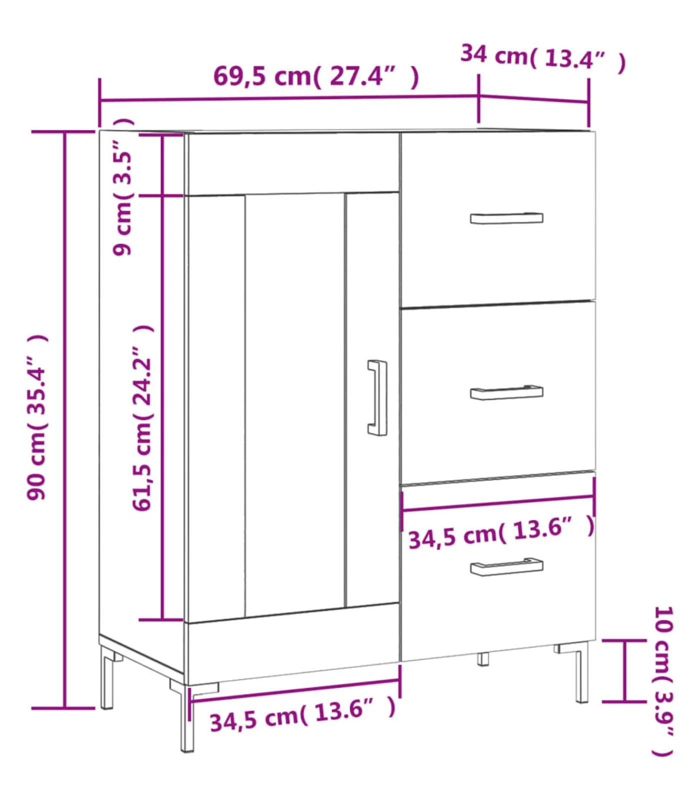 vidaXL Dressoir 69,5x34x90 cm bewerkt hout gerookt eikenkleurig