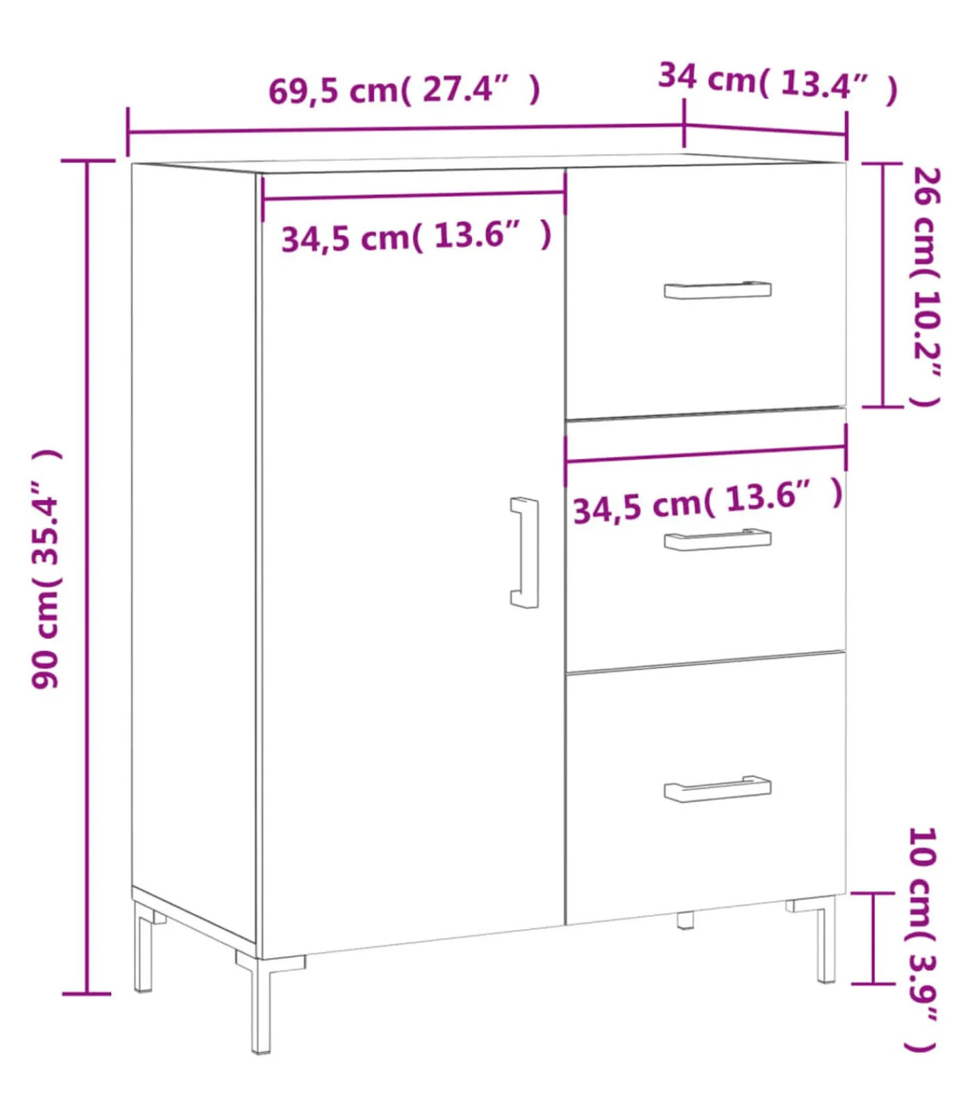 vidaXL Dressoir 69,5x34x90 cm bewerkt hout grijs sonoma eikenkleurig