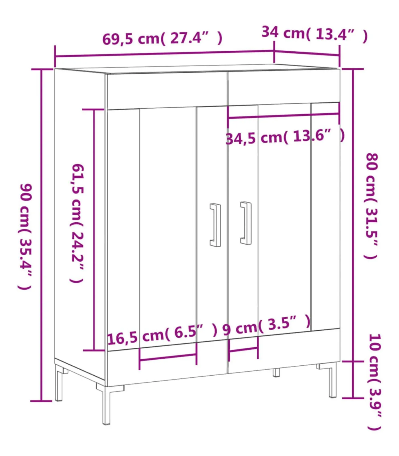 vidaXL Dressoir 69,5x34x90 cm bewerkt hout hoogglans wit