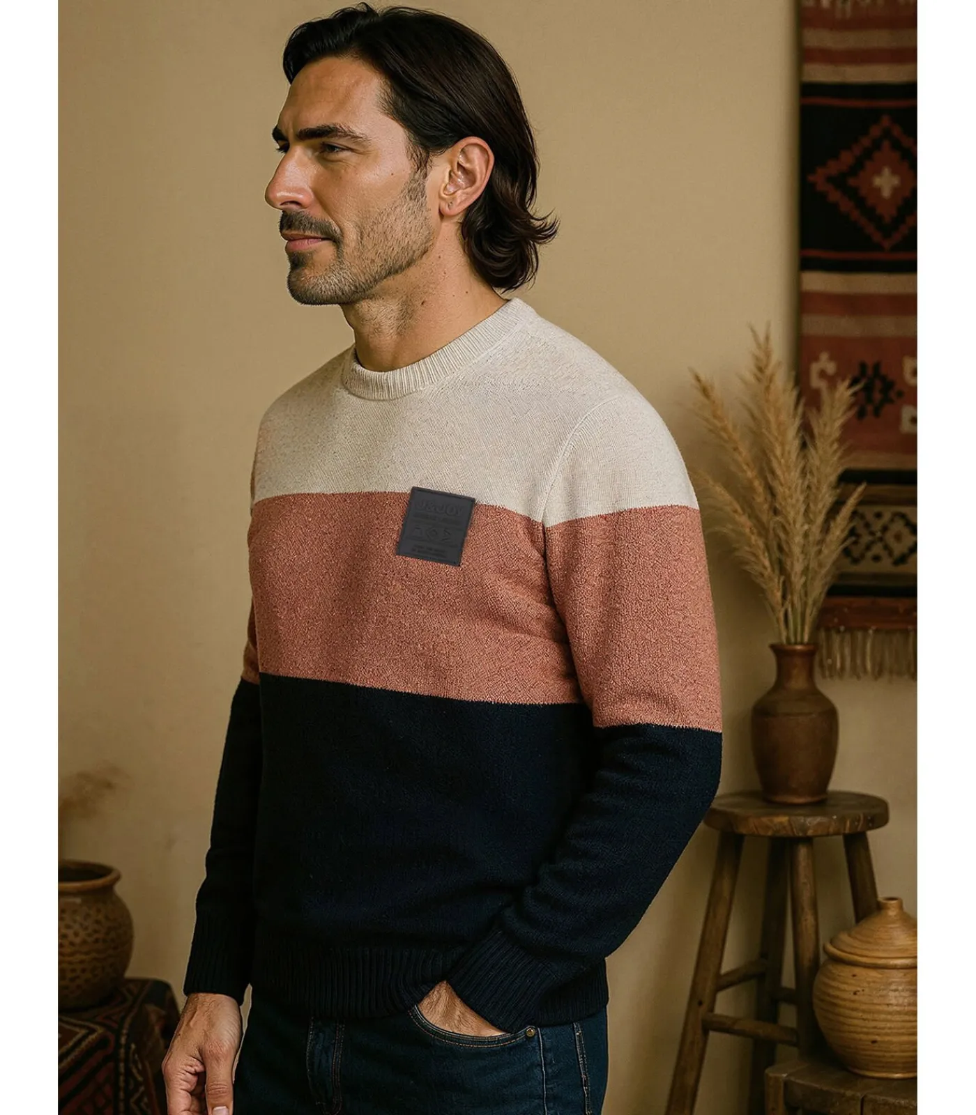 Heren J&JOY Driekleurige ronde halstrui voor heren