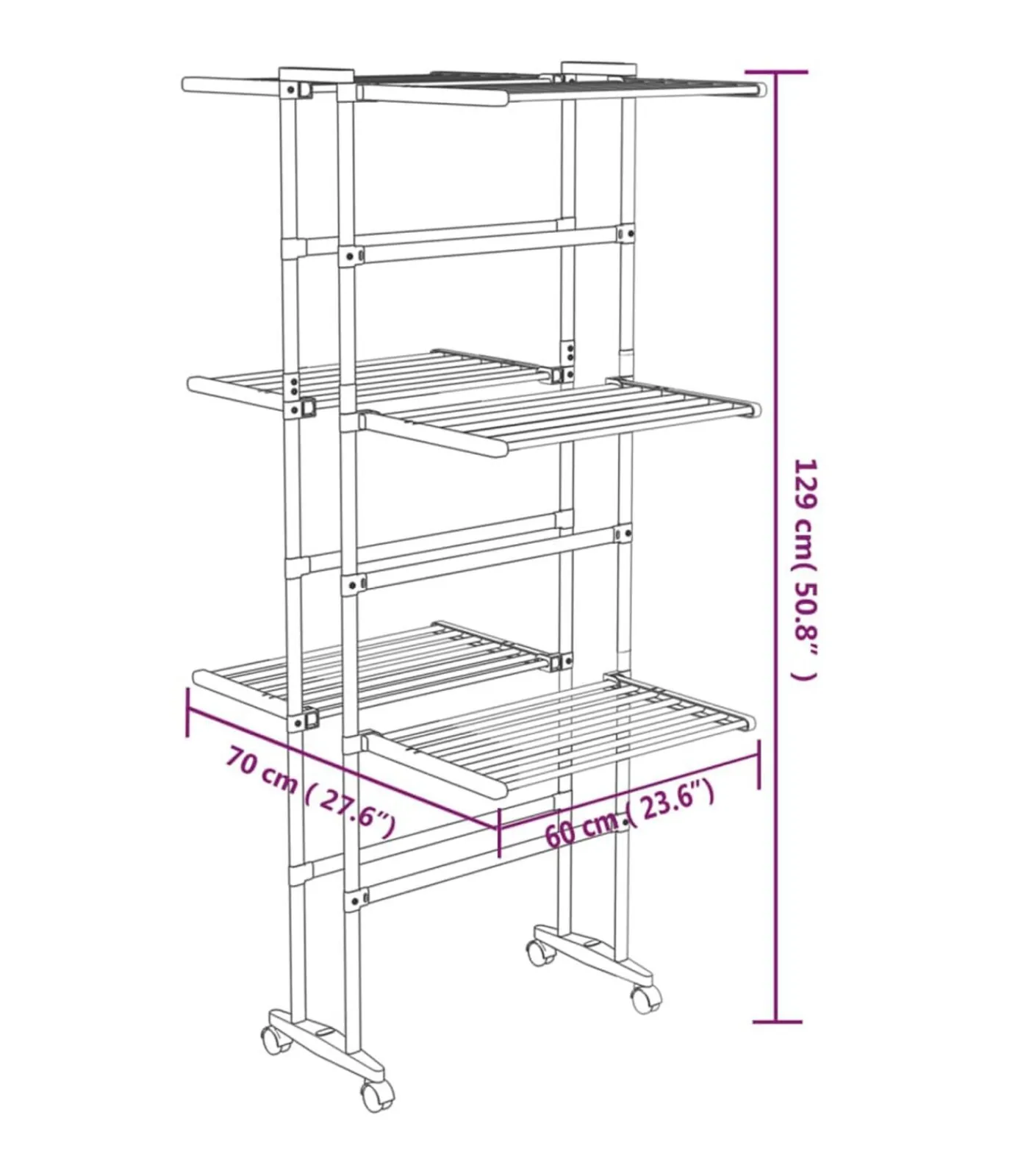 Hot Droogrek 3-laags met wieltjes 60x70x129 cm zilverkleurig Wassen & Strijken
