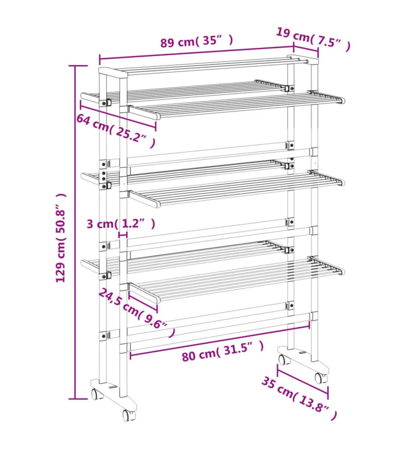 vidaXL Droogrek met wieltjes 89x64x129 cm aluminium